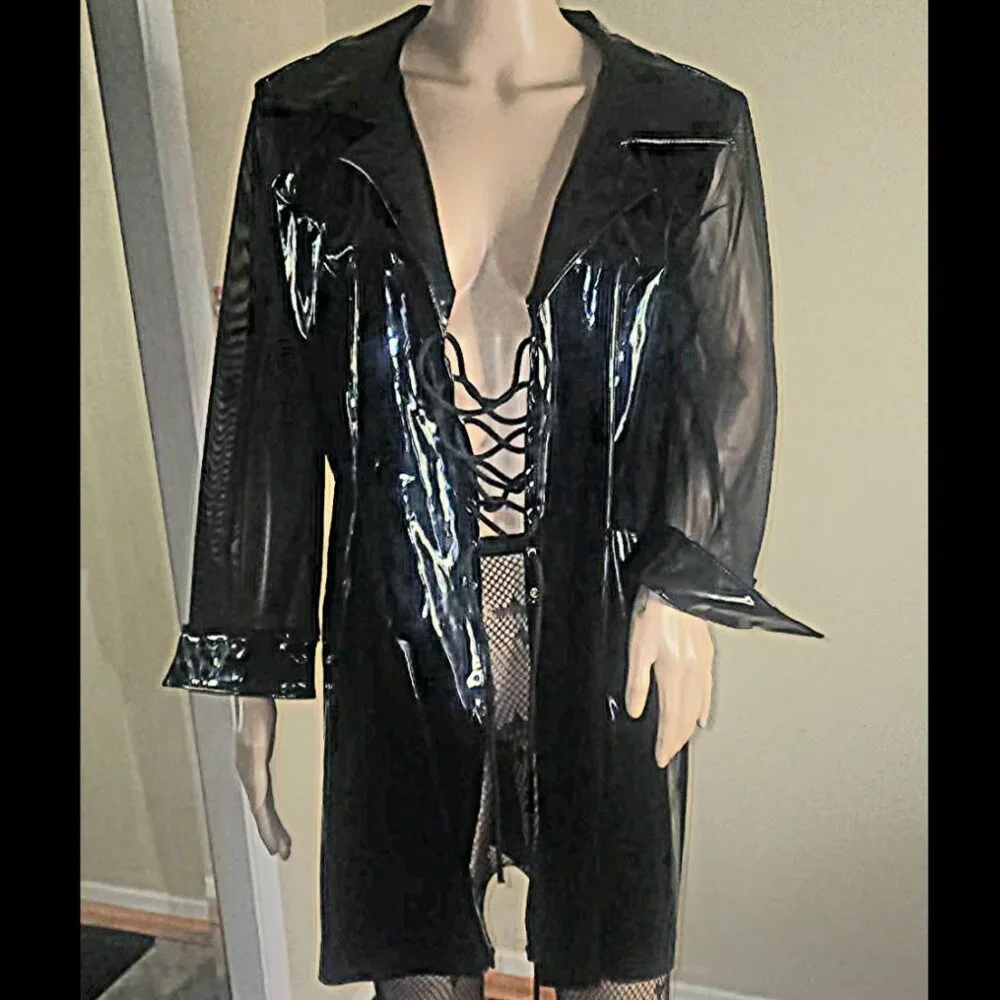 RARE Vintage goth/club trench coat LACE UP pvc - Picture 2 of 3